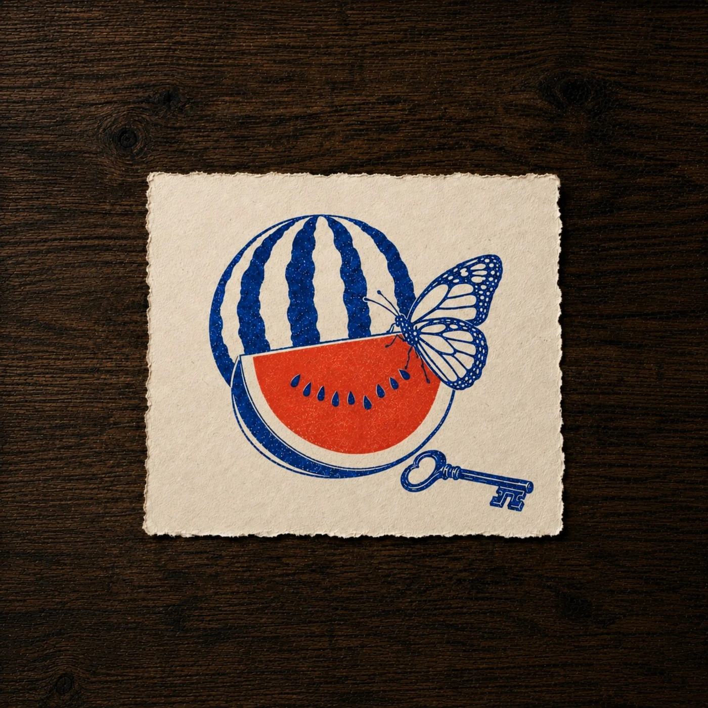 Carte imprimée représentant une pastèque, un papillon monarque et une clé