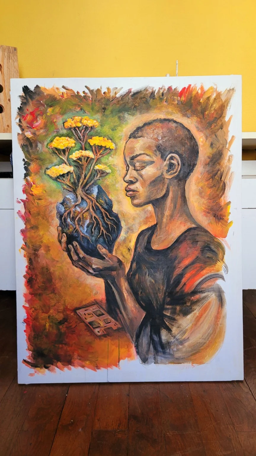 Peinture d'une personne tenant un monde végétal enraciné entre ses mains